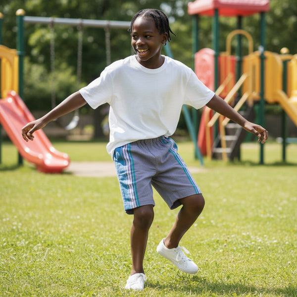 Child running on grass with playground equipment in the background wearing kikoy toto shorts